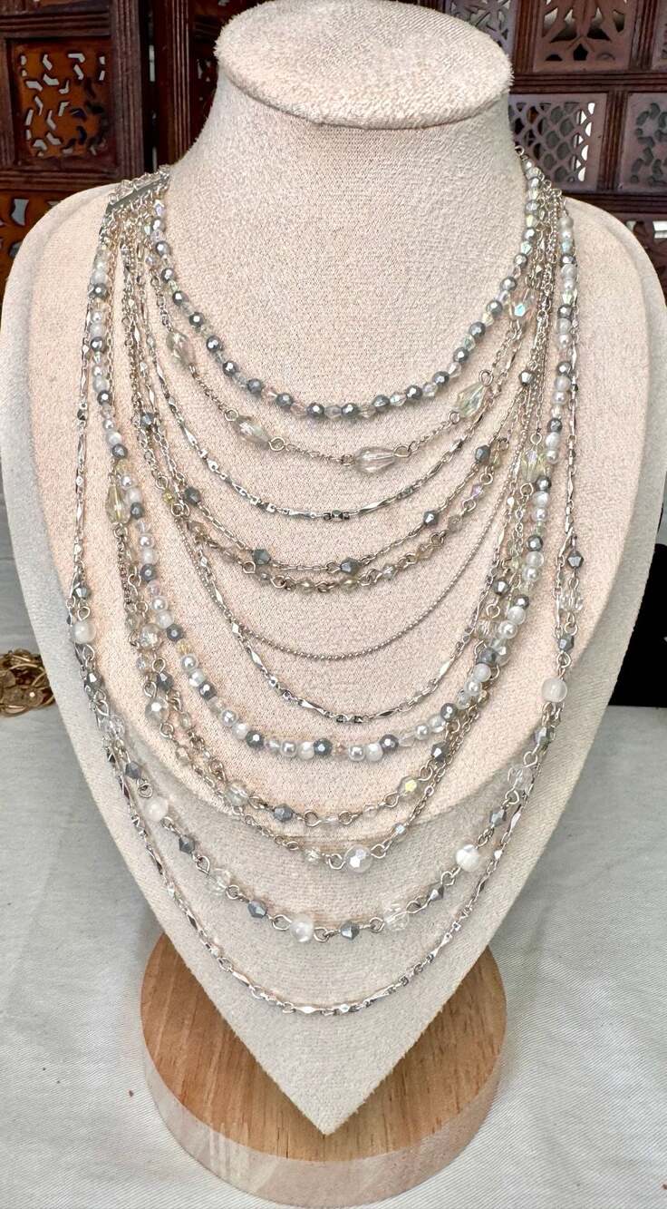 Loft Multi-Strand Silver Tone Beaded Layered Statement Necklace